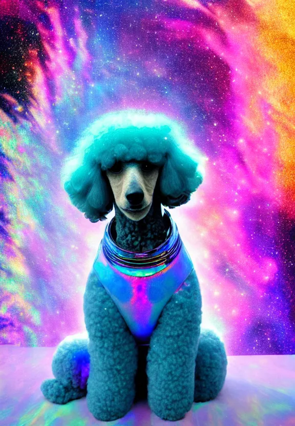 Prompt: a beautiful portrait of a poodle inside an holographic iridescent spacesuit, galactic landscape, cinematic, volumetric fog, risographic, digital art, 4 k, vintage sci - fi, inspired by moebius, inspired by thim white, inspired by h. r. giger