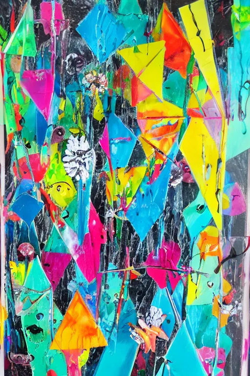 Image similar to acrylic painting, paint drips, acrylic, wildstyle, clear shapes, maximalism, smeared flowers, origami cranes, oil pastel gestural lines, large triangular shapes