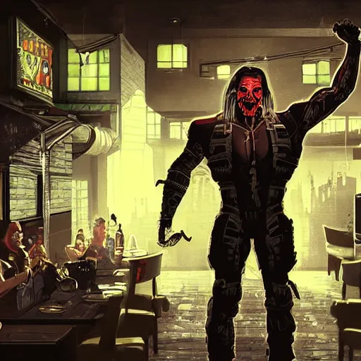 Prompt: cyborg ninja danny trejo conquering the pub, sharp lines, detailed, 4 k, realistic, cyberpunk style