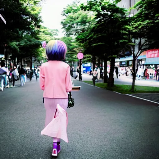 Prompt: a single person walking in Harajuku pastel colors