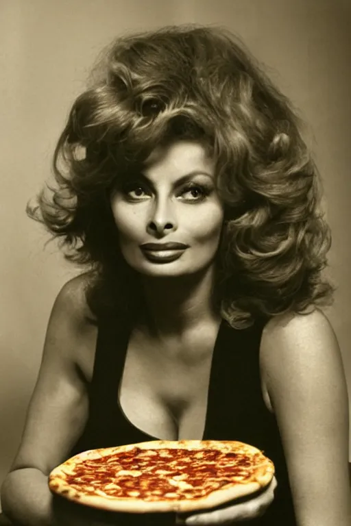 Prompt: historical photo of sophia loren eating!!! a pizza! margherita, full body, portrait photo, diffuse light, acclaimed masterpiece