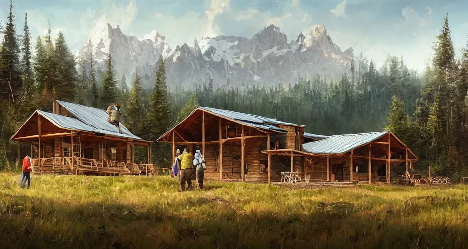 Image similar to cabela's beautiful comfortable modular pop - up insulated all terrain family dwelling, cabin,, person in foreground, mountainous forested wilderness open fields, beautiful views, painterly concept art, joanna gaines, environmental concept art, farmhouse, magnolia, concept art illustration, by james gurney, by craig mullins, by greg rutkowski trending on artstation