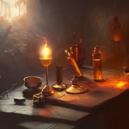 Image similar to hyper realistic, table, wizards laboratory, greg rutkowski, mortar, pestle, balance with glowing powder, energy flowing, magic book, beakers of colored liquid, tony sart