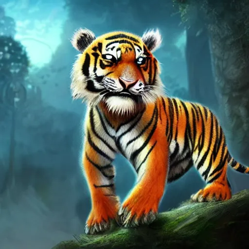 Prompt: adorable glowing tiger, trending on art station, cute, big eyes, matte painting, concept art, pixar, disney, highly detailed, cinematic composition, unreal engine, sharp focus, realistic