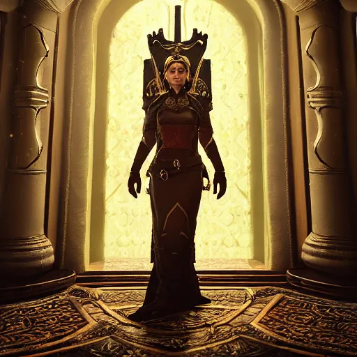 Image similar to the elder scrolls vi, charismatic regal brunette female jarl, portrait, throne room, atmospheric lighting, painted, intricate, volumetric lighting, beautiful, daytime, sunny weather, slight overcast, sharp focus, deep colours, ultra detailed, by leesha hannigan, ross tran, thierry doizon, kai carpenter, ignacio fernandez rios