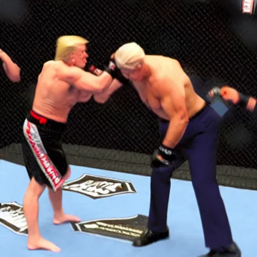 Prompt: an extremely buff Donald Trump punching Anthony Fauci, Ultimate fighting championship