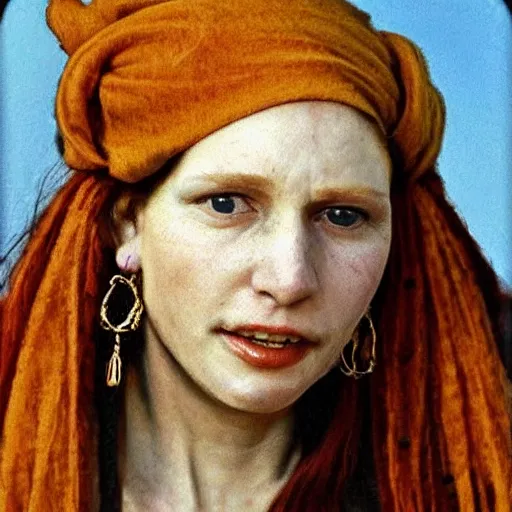 Prompt: 'https://i.pinimg.com/originals/8b/2b/3c/8b2b3c1c42721b1a61d595f3da14daf5.jpg' 15th Century Barbary Coast pirate Woman with Ginger hair and Golden hooped earrings photography by Steve McCurry