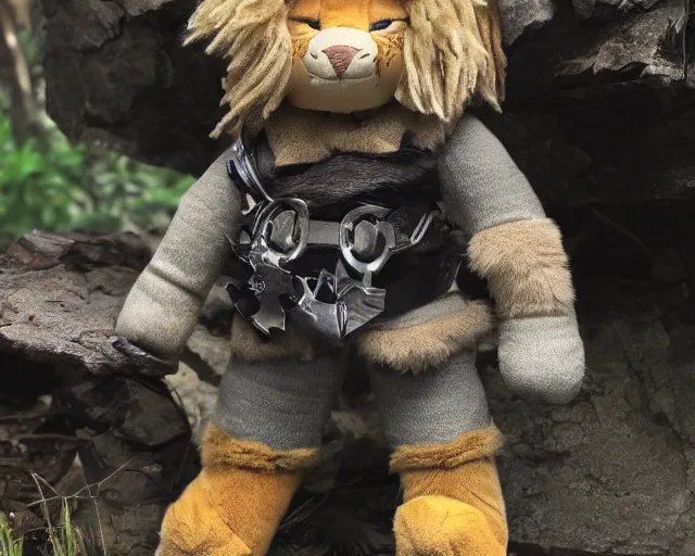 Prompt: a cute furry lion! with paladin! armor plush! doll, merchandise