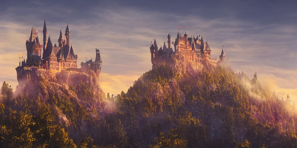 Prompt: a matte painting of a castle made of crystals surrounded by a mist shot at golden hour on 3 0 mm film