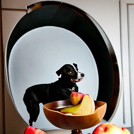 Image similar to dog trying to eat apple core under on a butler cloche dome