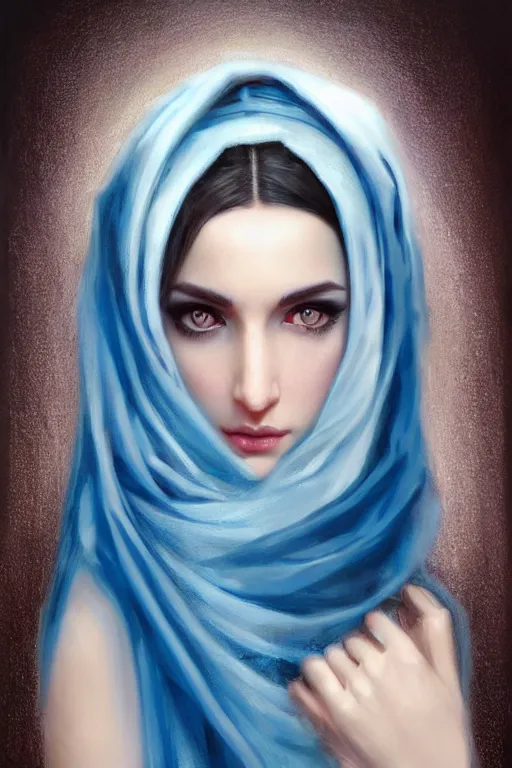 Image similar to modern arab Ameera al-Taweel, bright blue eyes, long wavy black hair, white veil, closeup, focus face, elegant, highly detailed, centered, oil painting, artstation, concept art by tom bagshaw