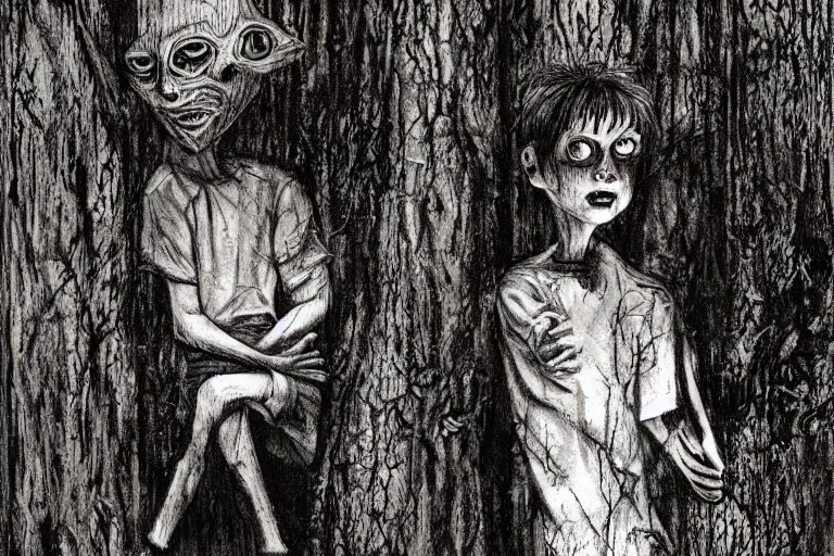 Image similar to horror painting of Missing 411 anomaly young boy lost in the woods by ben templesmith