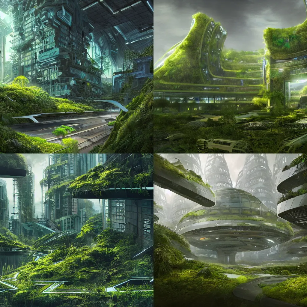 Prompt: an abandoned futuristic green city, with plants and forest, 4 k, digital art, trending on artstation, dramatic, highly detailed