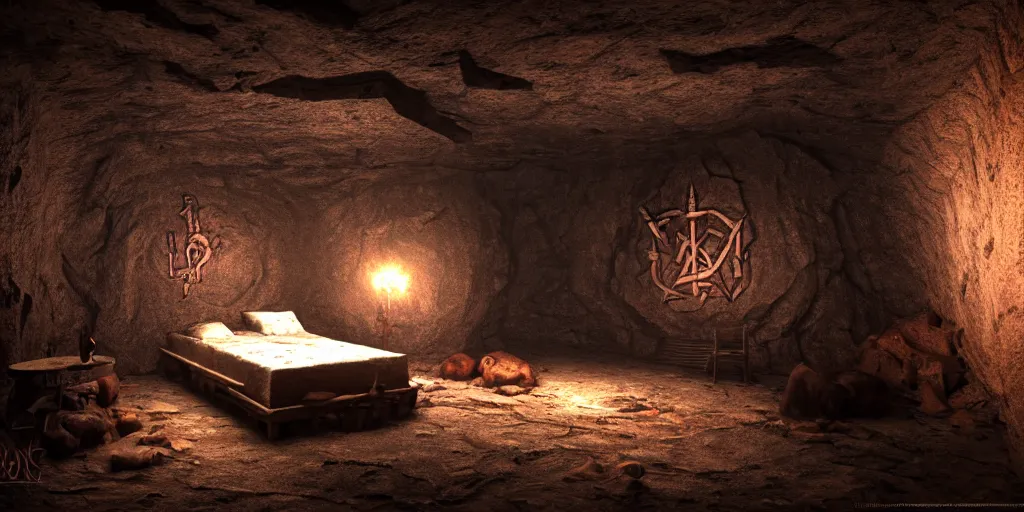 Prompt: bedroom in a secret cave, dark, spooky, dreamlike, lava, satanic symbols in the style of 1 3 ghosts movie, low light, hyperrealistic, coherent composition, artstation, matte painting, concept art, edward hughes hyper detailed, photo realistic, unreal engine, octane render, post processed 4 k