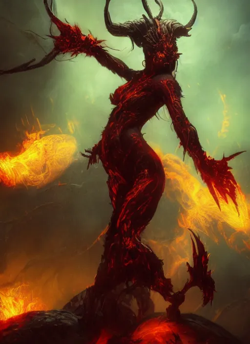Prompt: hell spawn character design, radiating with energy, whirling fire, burning embers, cosmic body, female character, cinematic, interesting angle, elmental, underwater, portrait, photorealistic, volumetric lighting, octane render, style of dave rapoza and craig mullins, matte painting, divine, red tattered flags, heaves gates in the background, god rays
