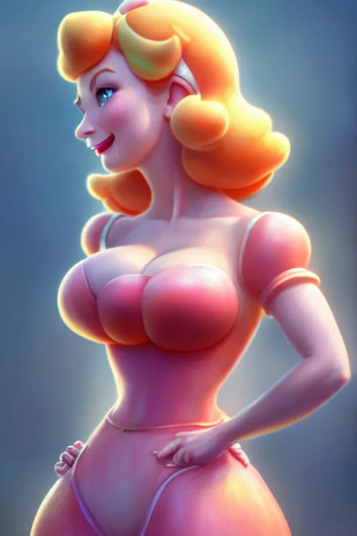 Image similar to polished sweaty princess peach : : christina hendricks body : : weta disney pixar movie still photo : : hi - fructose, sci fi, fantasy, decadent highly - detailed digital painting, golden ratio, octane render, artstation, smooth, sharp focus, artgerm, mucha, loish, wlop : :