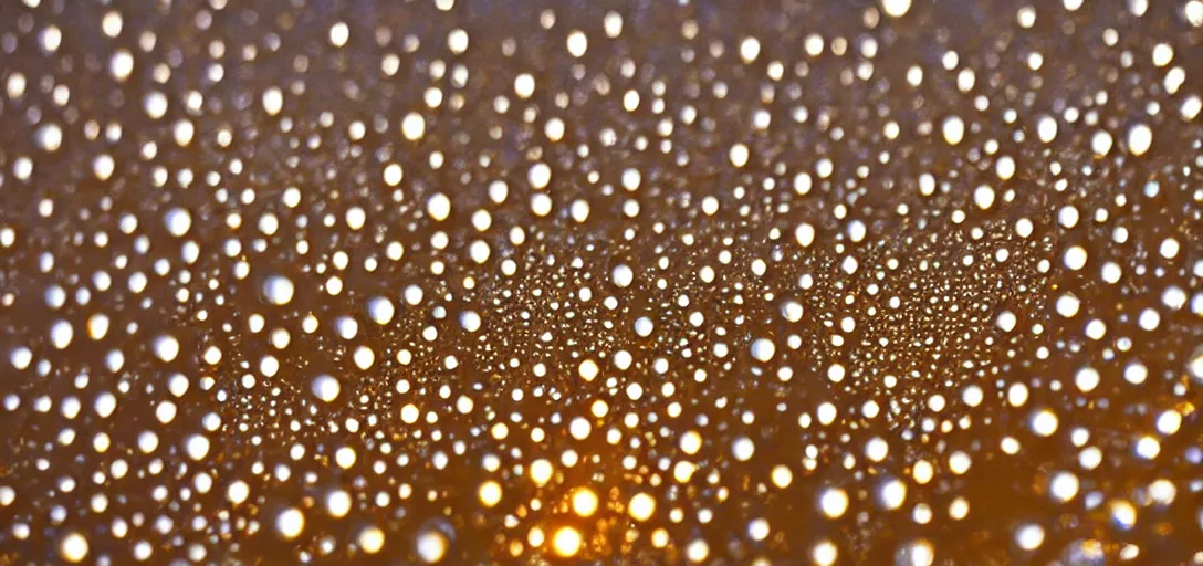 Image similar to “ a world of dew drops, reflections of screaming people, dramatic backlit lighting, incredible reflections, macro bokeh ”