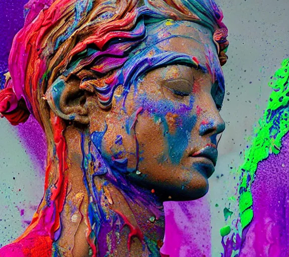 Prompt: still shot footage of a female greek god statue's head morphing into paint frottage, and decalcomania, acrylic pour and coloured powder explosion and splashing paint and dripping paint and flying paint chunks, embossed paint, closing eyes, motion blur, hyperrealistic, intricate art photography, hyperrealistic, anatomically correct, realistic crisp textures, 1 6 k