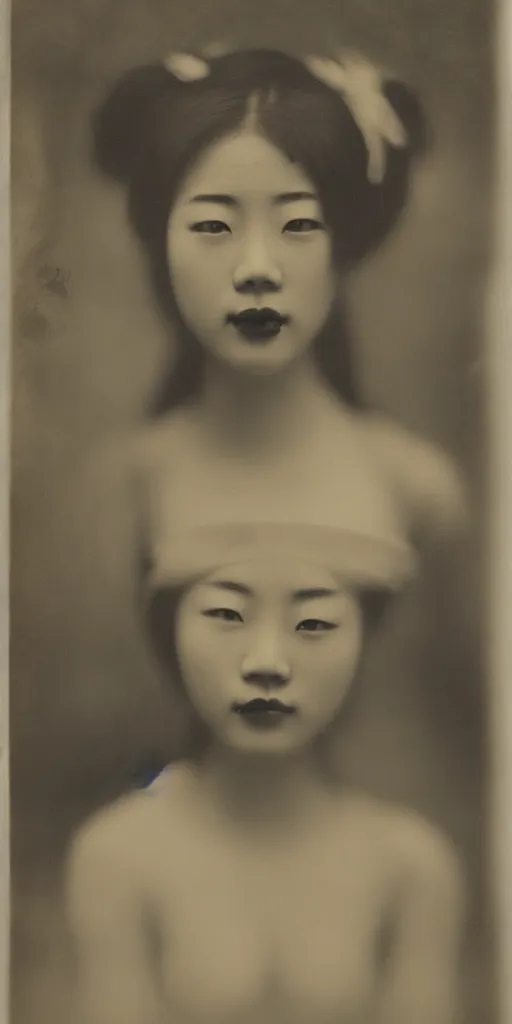 Image similar to a wet plate photography of a young asiatic young woman, geisha, photorealistic, cinematic light, highly detailed, shallow depth of field