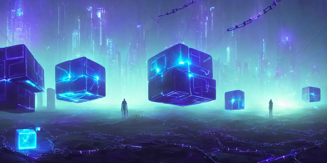 Image similar to a fleet of giant glowing futuristic cubes tied to each other with lots of glowing chains in the sky, thick glowing chains, light rays bouncing between cubes, a fantasy magical cyberpunk landscape seen in the distance, atmospheric lighting, intricate, volumetric lighting, beautiful, sharp focus, ultra detailed, in the art style of marc simonetti and lee madgwick, astrophotography