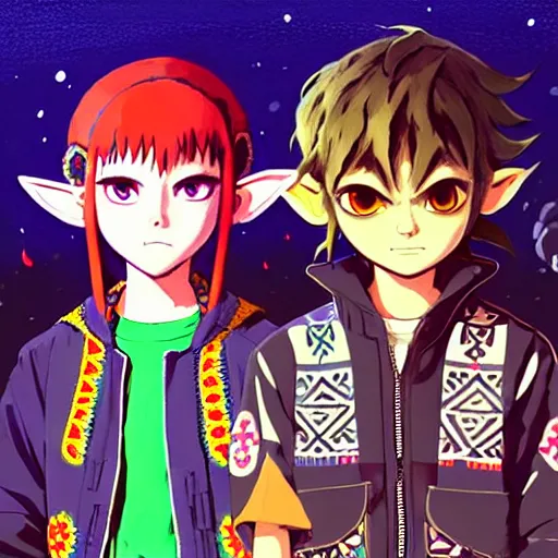 Image similar to majora majora's mask wearing oversized mayan bomber jacket with overalls, bulky poofy bomber jacket with mayan patterns, aztec street fashion, botw art style, gapmoe yandere grimdark, trending on pixiv fanbox, painted by greg rutkowski makoto shinkai takashi takeuchi studio ghibli, akihiko yoshida