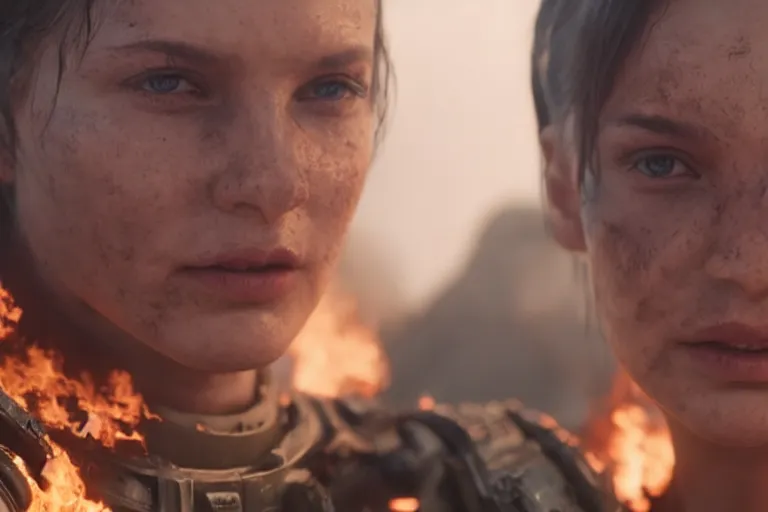 Image similar to VFX movie of a futuristic spacemarine closeup portrait in burning war zone, beautiful natural skin natural lighting by Emmanuel Lubezki