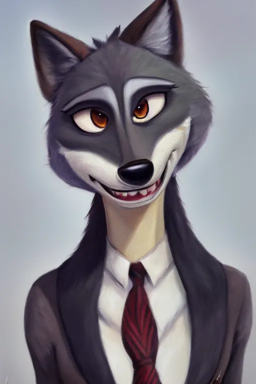 Image similar to oil painting of anthromorphic female wolf, in style of zootopia, female fursona, furry, furaffinity, 4 k, deviantart, furry art, fursona art, wearing black business suit, business suit, wolf fursona, female, very expressive detailed feminine face,