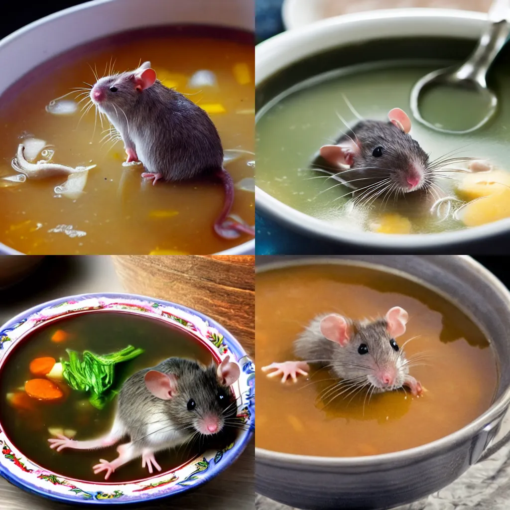 Prompt: a rat in soup doing backstrokes