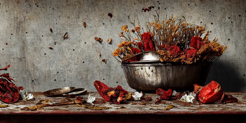 Prompt: side view, decaying rotting red fruits, moldy, on an antique distressed table top, dried flowers, metal kitchen utensils, old kitchen backdrop, dark kitchen, style by peter lippmann, intricate detail,
