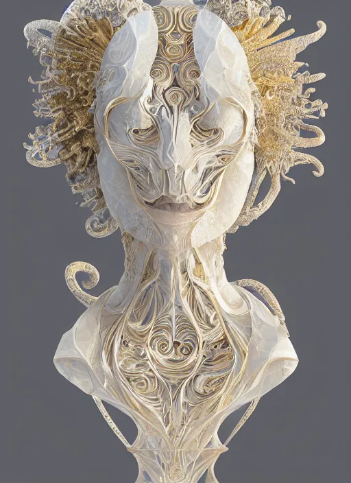 Image similar to marble sculpture of beautiful woman, mandelbulb, hypercube, palladium veins, liquid gold, ivory carving, fractal paisley inlay, lace, intricate, elegant, highly detailed, gold inlay, metallic, ivory, artgerm, lace, by ruan jia, greg rutkowski, mucha, zbrush, nick alm