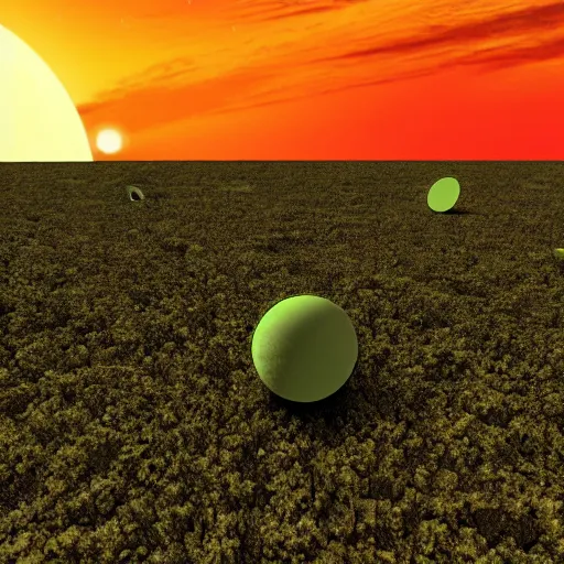 Prompt: a green sunset on the surface of an alien planet that orbits two stars