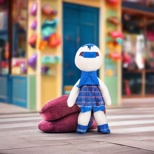 Image similar to blue'snappy gifts'human - sized plush doll, on sidewalk, holding gift, happy atmosphere, high detail, soft lighting, 8 k