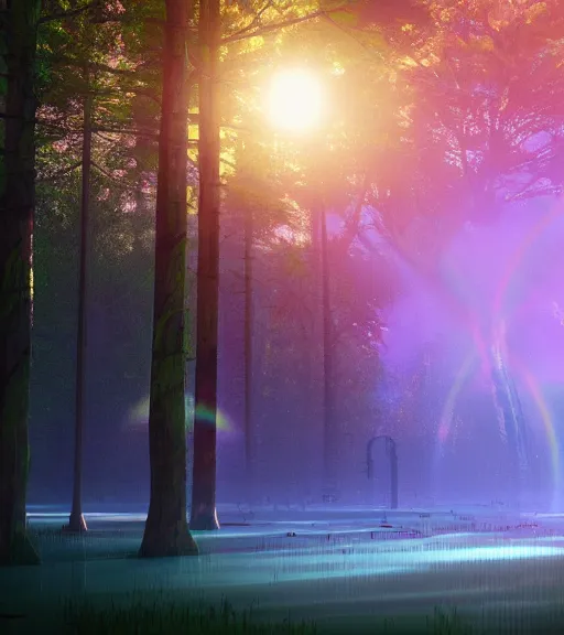 Prompt: symmetric daydreaming of the sun glare, fluidity dance of the blockchain sheets in the air, cyberpunk forest, majestic light, octane render, beauty fog, ethereal glare of the sun, raining rainbow, volumetric lighting, hyperealistic, epic, masterpiece