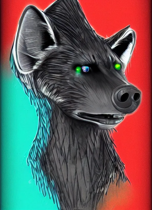 Image similar to digital drawing of anthromorphic hyena female drawn in cell shaded, fursona, furry fandom, neon rainy cyberpunk setting, anthro, wearing leather jacket, detailed face,