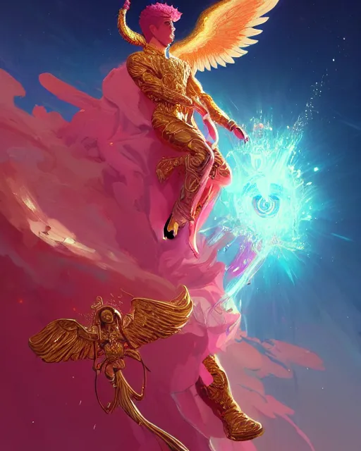 Image similar to a character portrait of only one male angel of justice with golden fiery wings, surrounded with spiriling sparkling rose crystals, by peter mohrbacher, hyper light drifter, by ilya kuvshinov katsuhiro, jim burns, wadim kashin, greg rutkowski, trending on artstation