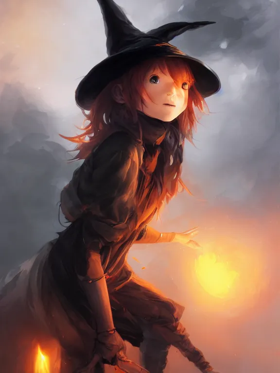 Image similar to Full shot of a cute mischievous young witch about to get up to some trouble. Black and Orange palette. By Ruan Jia and Artgerm and Range Murata and WLOP and CLAMP. Key Art. Fantasy Illustration. award winning, Artstation, intricate details, realistic, Hyperdetailed, 8k resolution.