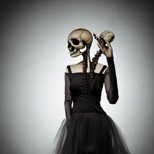 Image similar to beautiful woman with a skull for a head, wearing a dress, photorealistic, award winning, 8k,