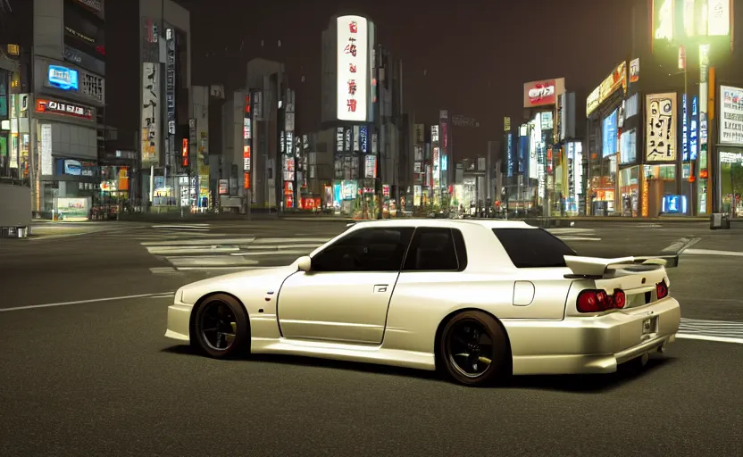 Image similar to wideshot of a Nissan Skyline R34 GTR as a station wagon in tokyo at night, highly detailed, 4k photo, shot with sony alpha, unreal engine,