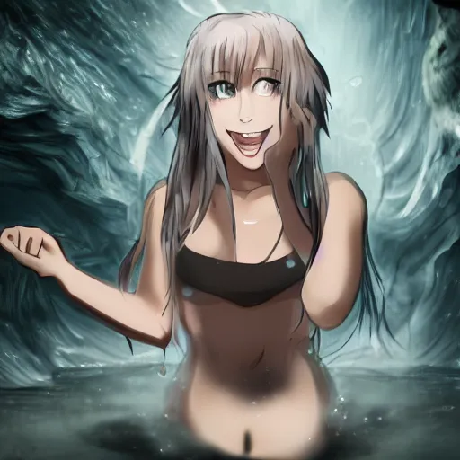 Image similar to photo inside a cavern of a wet reptilian humanoid rapper anime girl partially hidden behind a rock with black eyes open mouth and big teeth