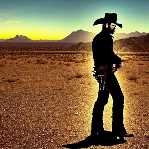 Image similar to western gunslinger, man in black, cowboy hat, guitar, westworld, sunset, ghost town