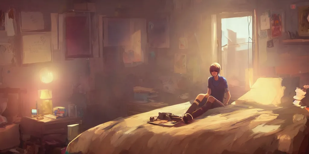 Prompt: an environmental concept art of life is strange, chloe price, bedroom interior, highly detailed, environmental light, cinematic by francis tneh