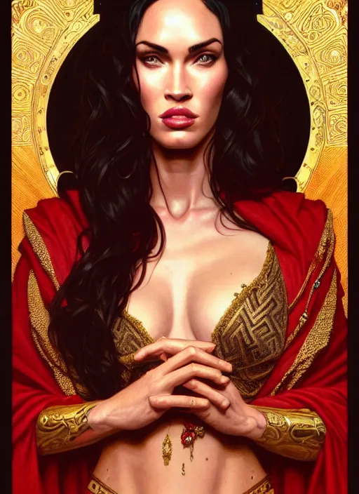 Image similar to portrait of megan fox as a queen, throne, jewelry, greek, ruby, intricate, headshot, highly detailed, digital painting, artstation, concept art, sharp focus, cinematic lighting, illustration, art by artgerm and greg rutkowski, alphonse mucha, cgsociety