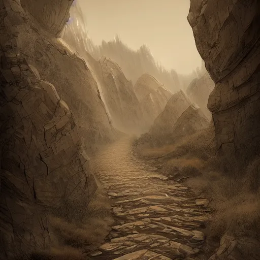 Image similar to a long winding pathway with deep cliffs on all sides, dark rocks, dusty, sepia tones, with a mysterious dark castle at the of the path, digital art, 8 k, concept art, trending on artstation