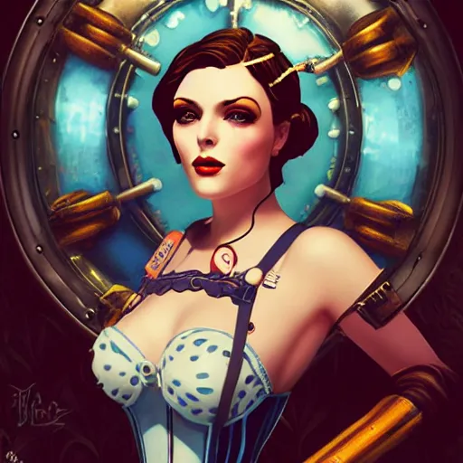 Image similar to lofi underwater bioshock steampunk portrait, wearing corset, Pixar style, by Tristan Eaton Stanley Artgerm and Tom Bagshaw.