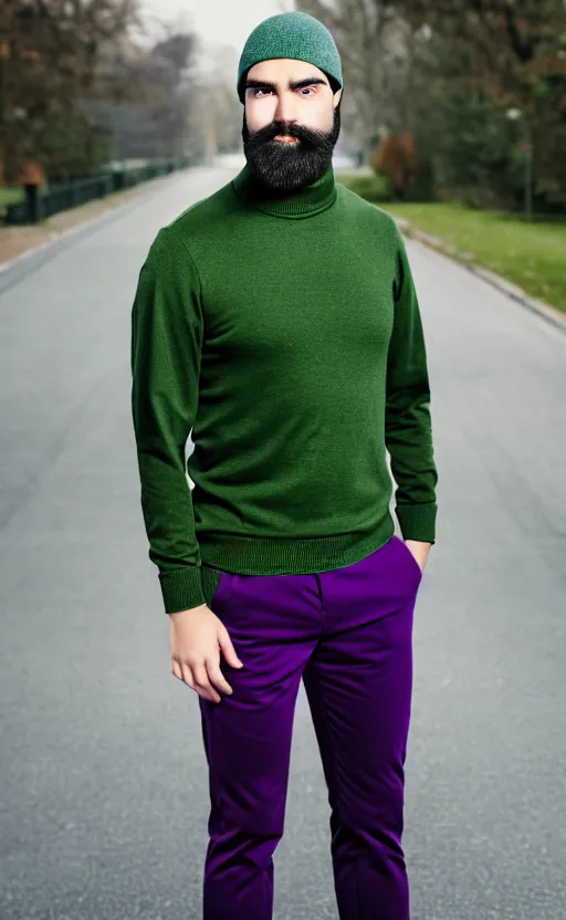 Prompt: a young man with a chin - style dark brown beard without mustache in a dark black cap, light green turtleneck, purple pants and super white sneakers in full height, perfect face, mark vanderloo face, photography, ultra detailed, sharp focus, perfect eyes