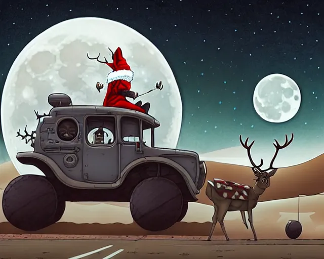 Prompt: a cell shaded cartoon grey mechanized santa + deer robot, with a big head, on a desert road, wide shot, in front of a big moon, muted colors, post grunge, josan gonzales, wlop, by james jean, victor ngai, hq, deviantart, art by artgem