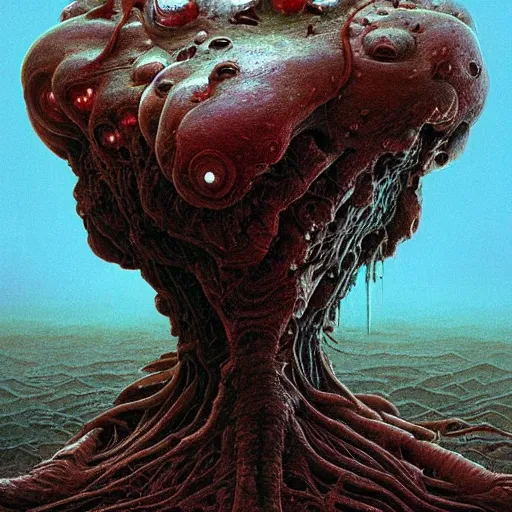 Image similar to iconic hybrid infected mushroom alien, album hyper detailed art style by Zdiszlaw Beksinski and Toshihiro Egawa and H.R. Giger and Artstation trending 8k