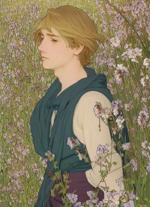 Image similar to book cover, pretty young man with shoulder length blond hair, male, half body shot, flower pattern background, path traced, highly detailed, high quality, digital painting, by studio ghibli and alphonse mucha, leesha hannigan, hidari, art nouveau, chiho aoshima, jules bastien - lepage