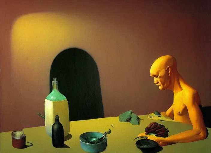 Image similar to painting about a man dining with a horse, science fiction, Edward Hopper and James Gilleard, Zdzislaw Beksinski, highly detailed