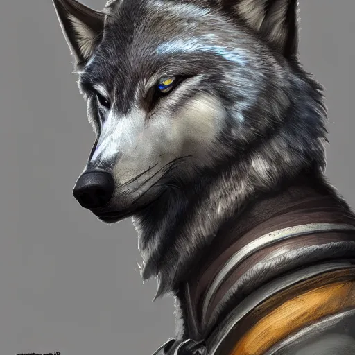 Prompt: a portrait of a wolf with carbon fiber armor and a knife sheathed on his hip, digital painting, furry fandom, furaffinity, detailed, professional, half - life 2, concept art